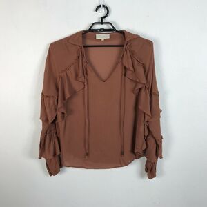Love Sam Blouse Womens Size S Brown Long Sleeve‎ Ruffled Viscose Boho Shirt